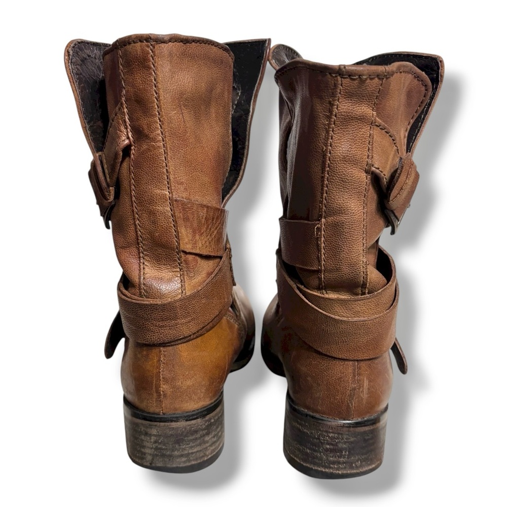 STEVE MADDEN Brewzzer Cognac Leather Belted Mid-Calf Moto Boots Size 7 - Picture 4 of 12